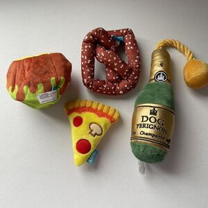 Barkbox Dog Pet Toys Lot Plush Crinkle Toys of 4 Pizza Pretzel Champaign